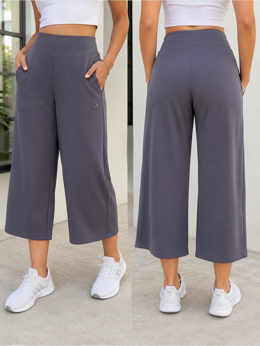 Adidas Women’s Large Gray Wide Leg Cropped Athletic Pants Zip Pocket Stretch